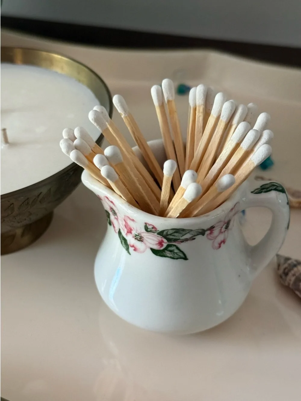 Pink Dogwood Floral Ceramic Matchstick Holder with Striker